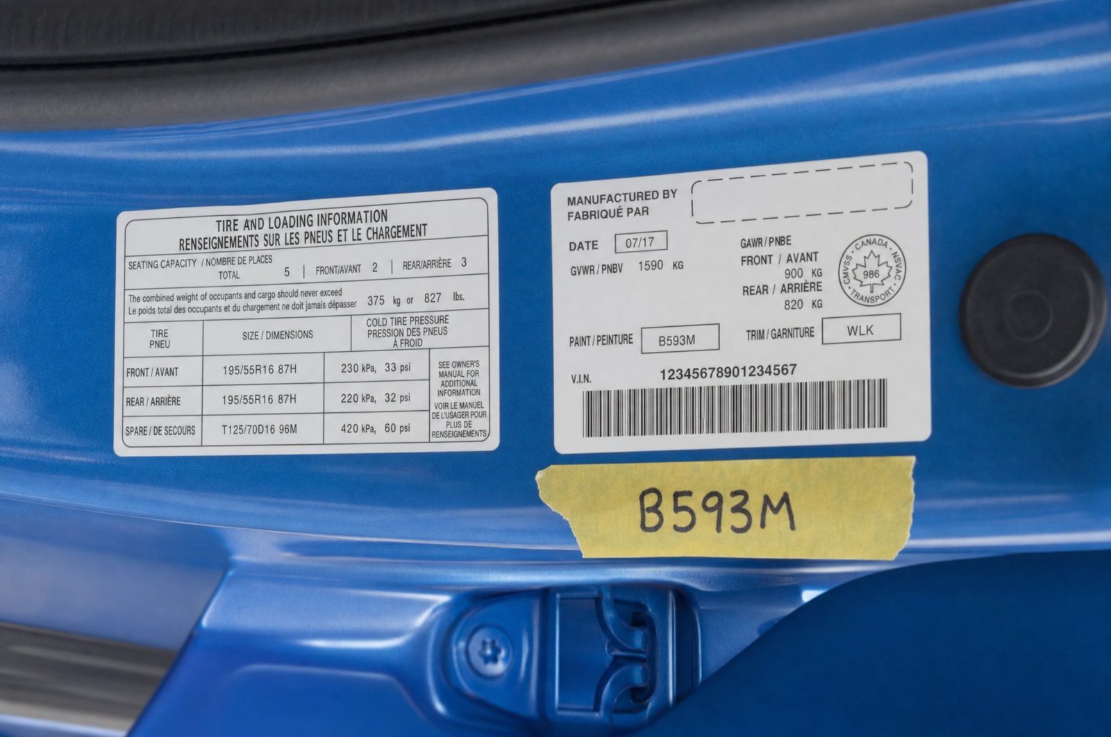 Paint code versus trim code: telling the certification label apart from the tire placard on a door jamb