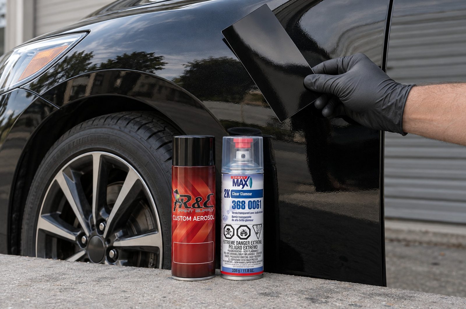 Checking a color-matched paint code with a spray-out card held against the fender in daylight